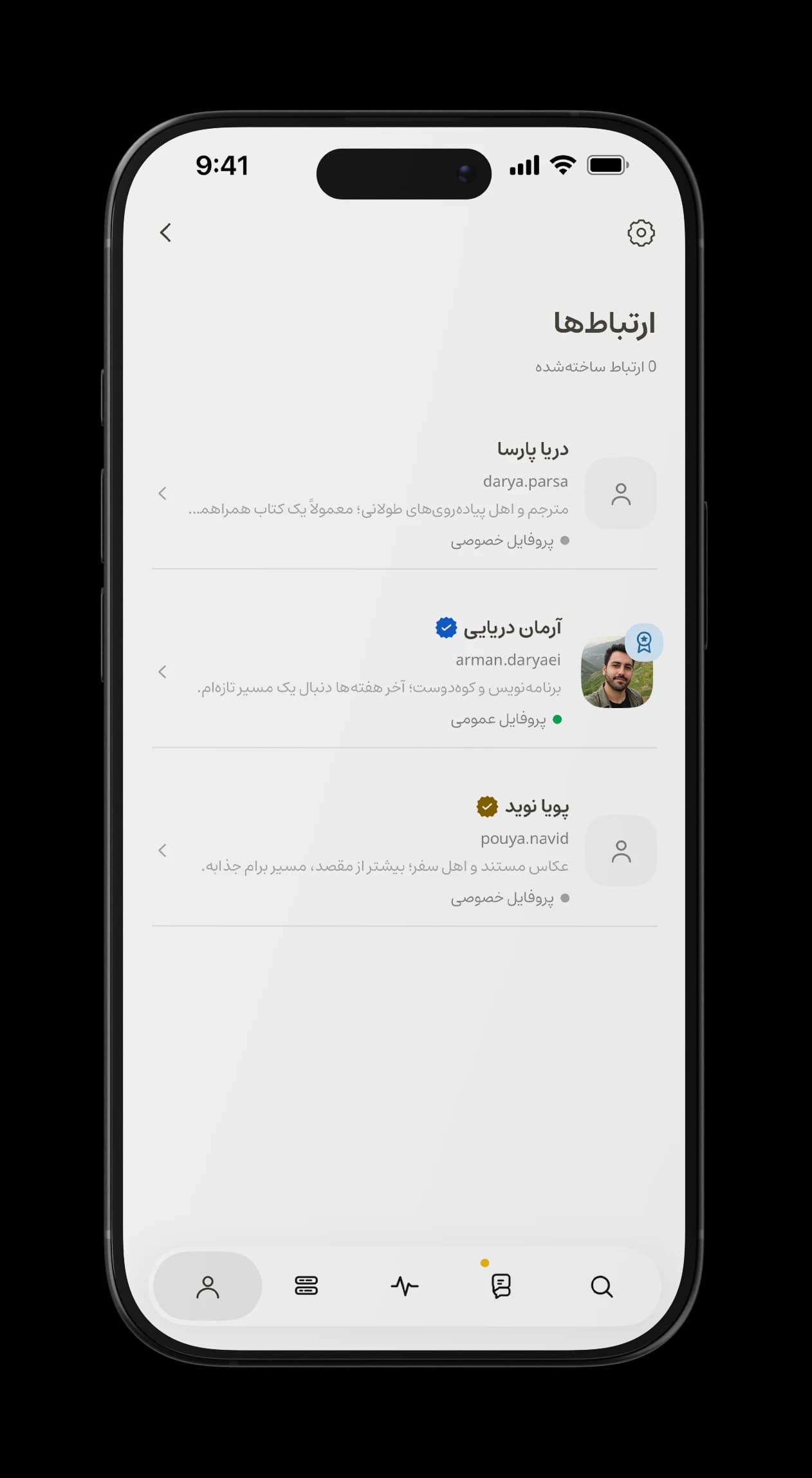 فهرست ارتباط‌های تأییدشده در پالسینگ با پروفایل‌های عمومی و خصوصی