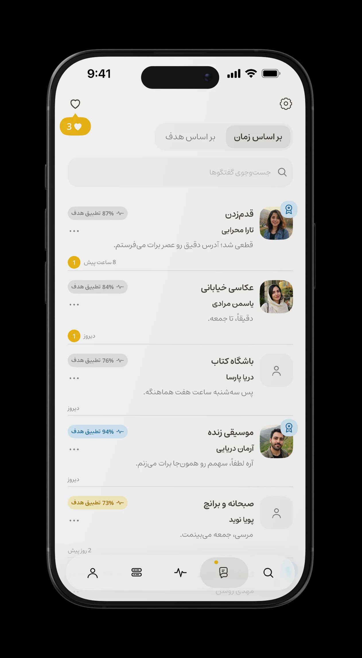 فهرست گفت‌وگوهای پالسینگ با نام افراد، موضوع پالس و درصد تطبیق هدف